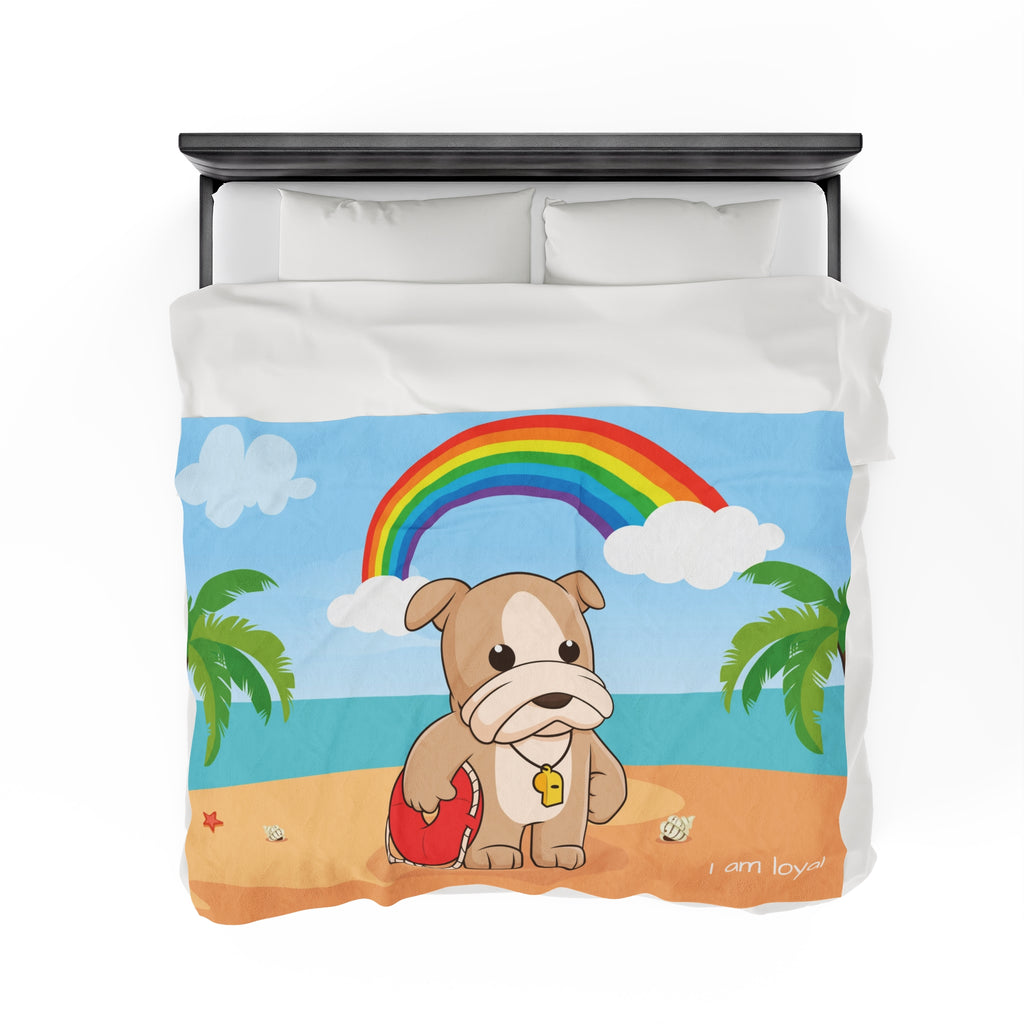 Top-view of a 60 by 80 inch blanket on a queen-sized bed. The blanket has a scene of a dog lifeguard standing on a beach with a rainbow in the background and the phrase "I am loyal" along the bottom.