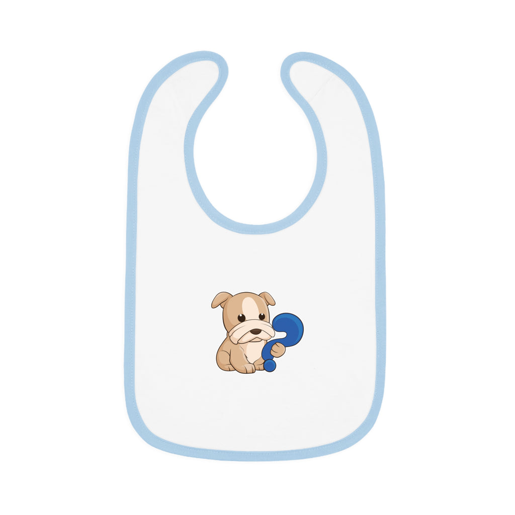 A white baby bib with light blue trim and a small picture of a dog.