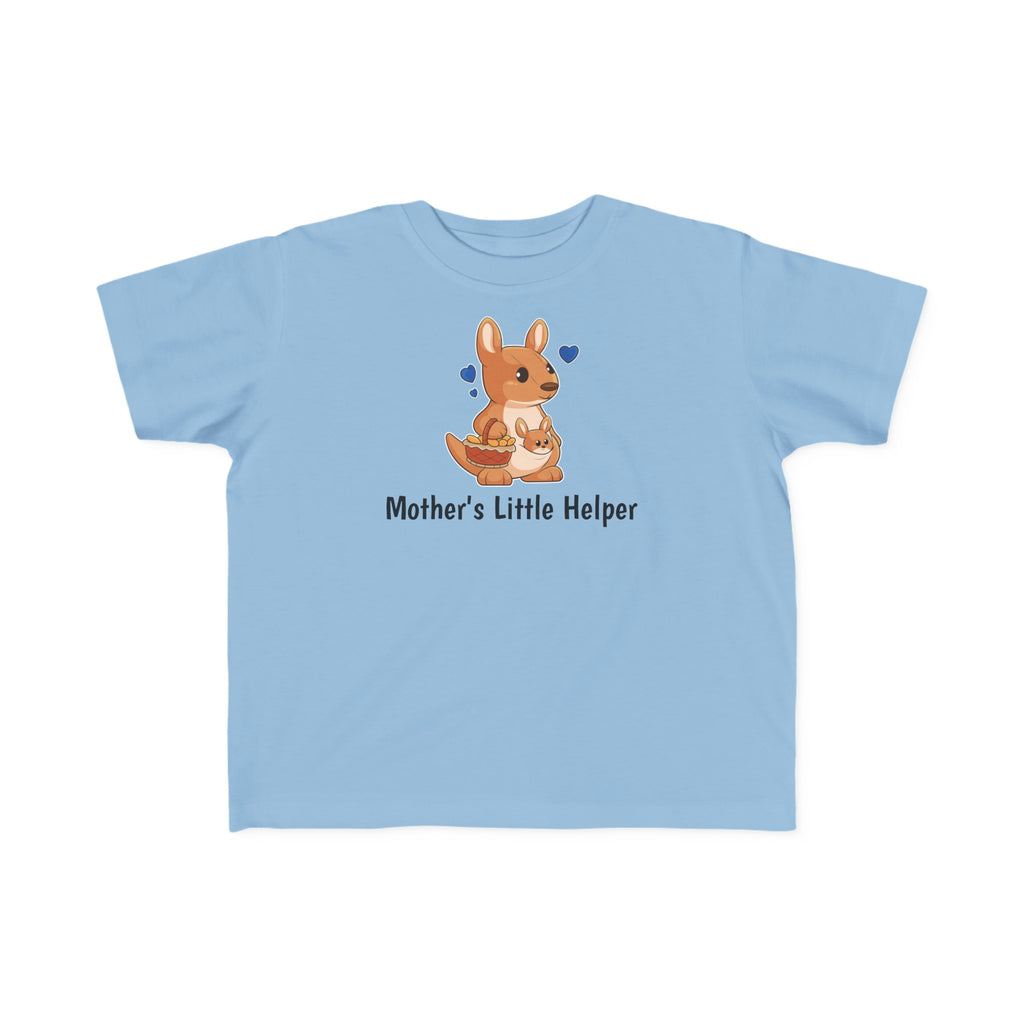 A short-sleeve light blue shirt with a picture of a kangaroo that says Mother's Little Helper.