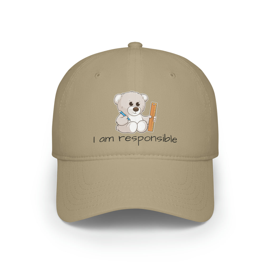 Front-view of a khaki baseball hat with a picture of a bear that says I am responsible.