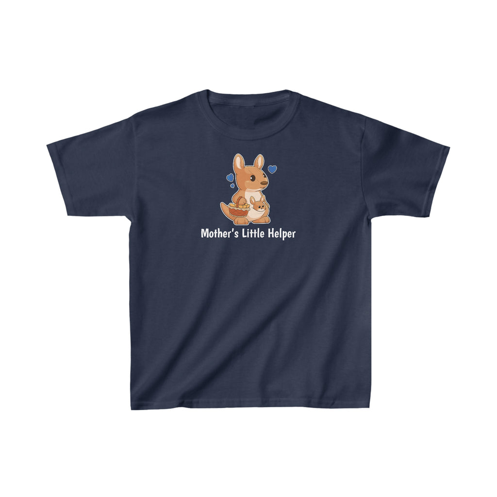 A short-sleeve navy blue shirt with a picture of a kangaroo that says Mother's Little Helper.