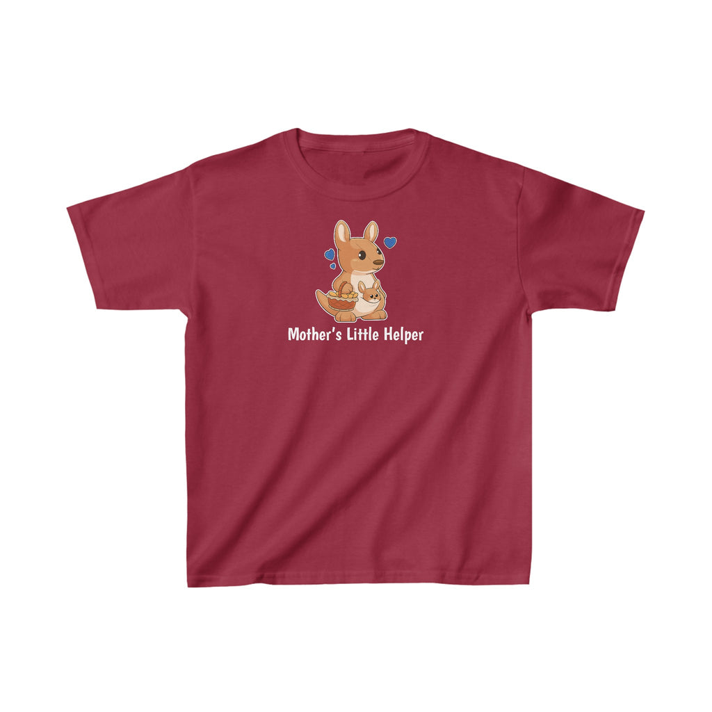 A short-sleeve cardinal red shirt with a picture of a kangaroo that says Mother's Little Helper.