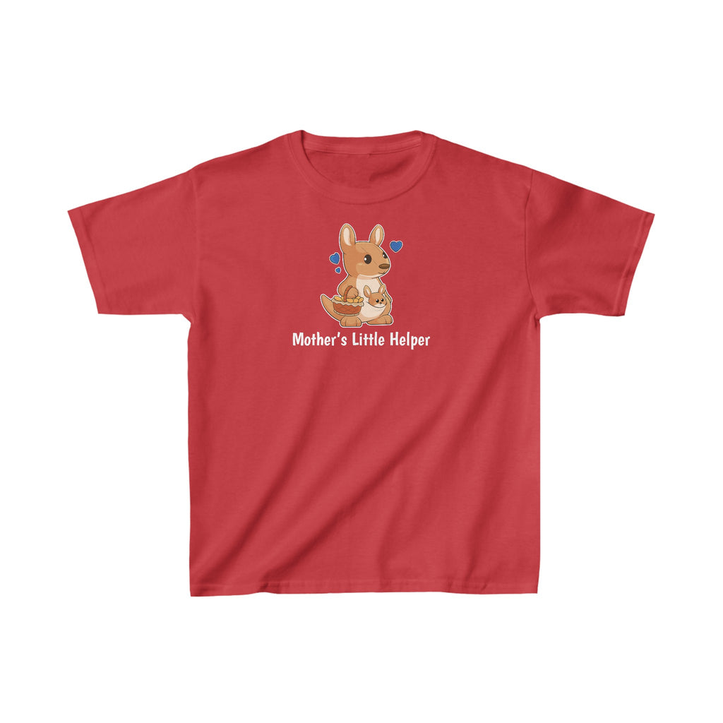 A short-sleeve red shirt with a picture of a kangaroo that says Mother's Little Helper.