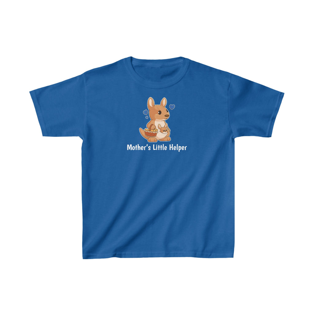 A short-sleeve royal blue shirt with a picture of a kangaroo that says Mother's Little Helper.