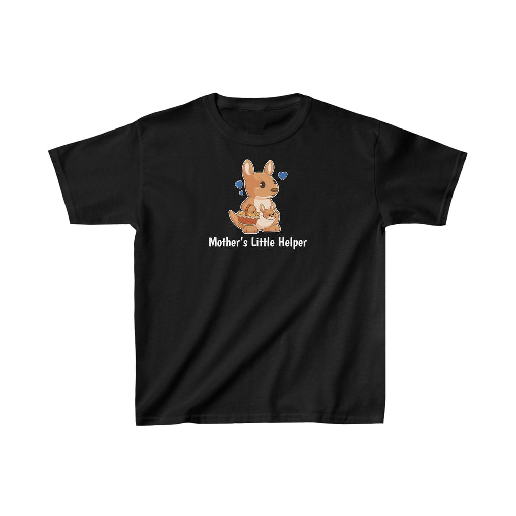 A short-sleeve black shirt with a picture of a kangaroo that says Mother's Little Helper.