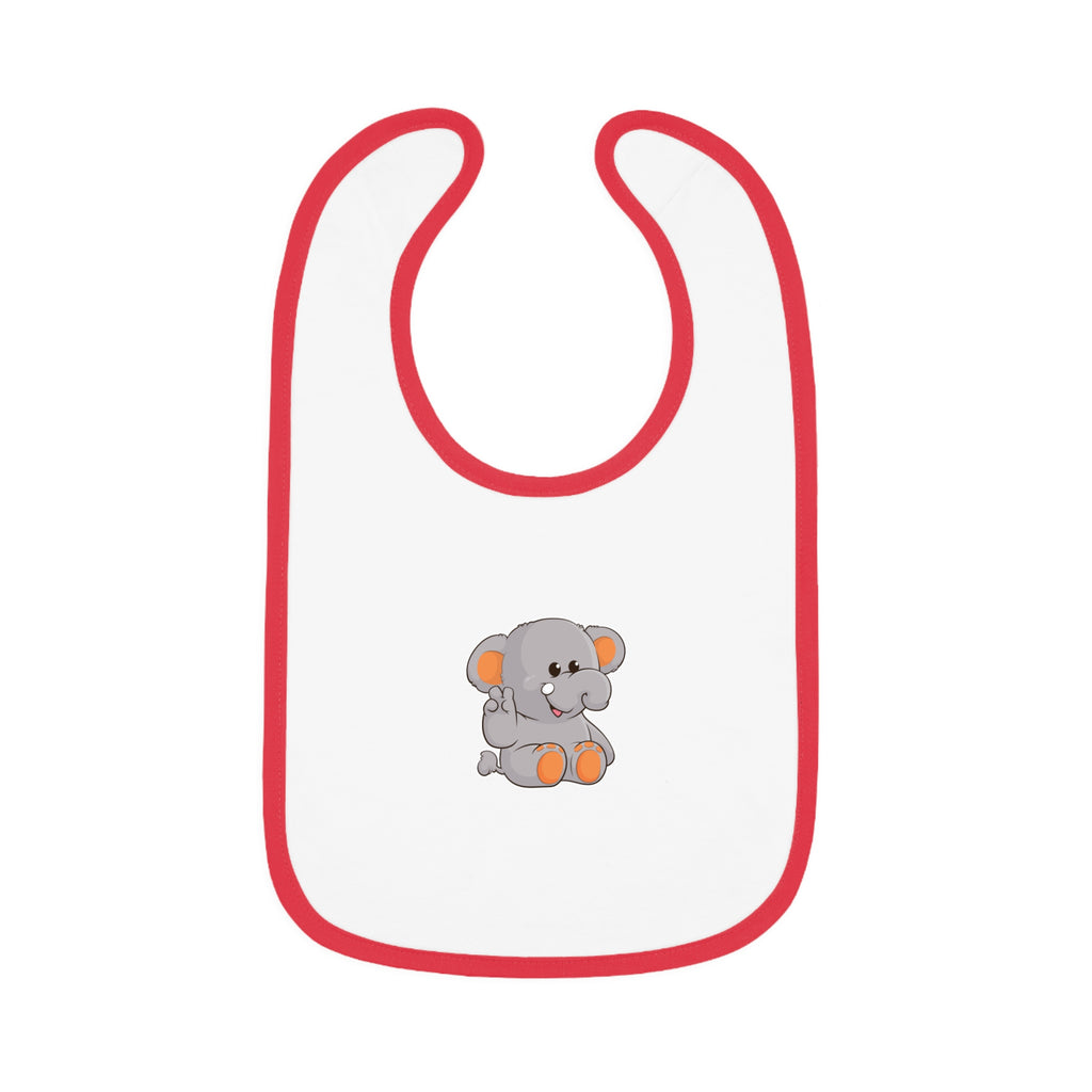 A white baby bib with red trim and a small picture of an elephant.