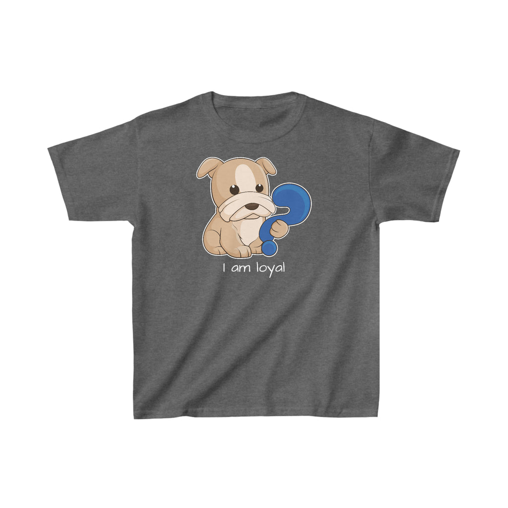 A short-sleeve dark grey shirt with a picture of a dog that says I am loyal.
