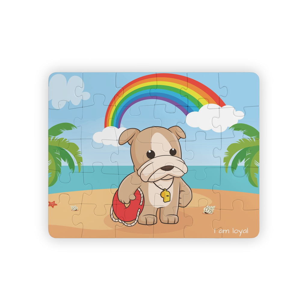 A 30 piece puzzle with a scene of a dog lifeguard standing on a beach, a rainbow in the background, and the phrase "I am loyal" along the bottom.
