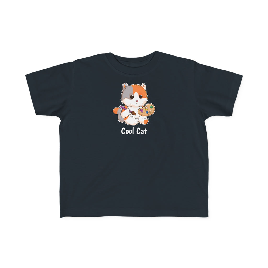 A short-sleeve black shirt with a picture of a cat that says Cool Cat.