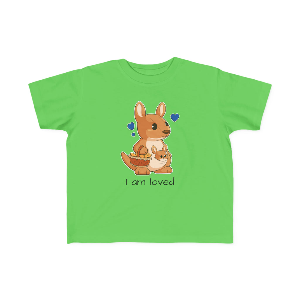A short-sleeve green shirt with a picture of a kangaroo that says I am loved.
