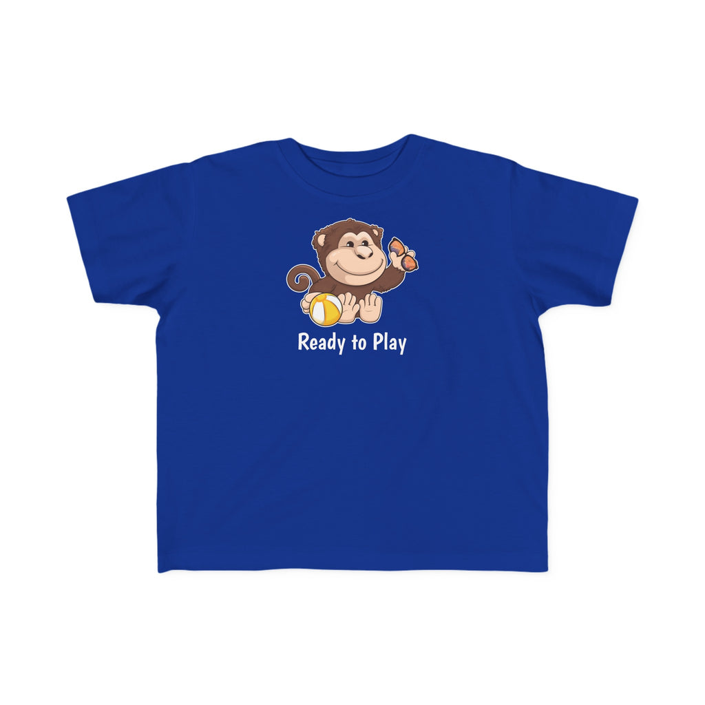 A short-sleeve royal blue shirt with a picture of a monkey that says Ready to Play.