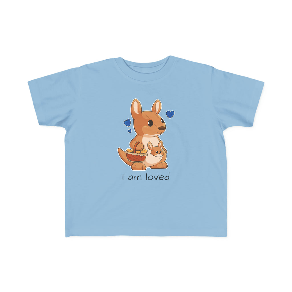 A short-sleeve light blue shirt with a picture of a kangaroo that says I am loved.