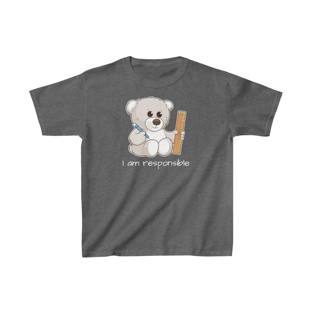 A short-sleeve dark grey shirt with a picture of a bear that says I am responsible.