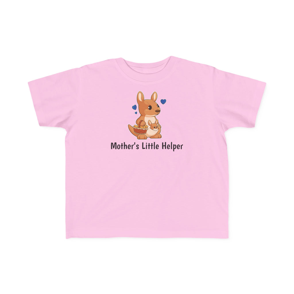 A short-sleeve pink shirt with a picture of a kangaroo that says Mother's Little Helper.