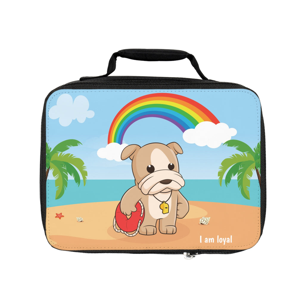 A rectangular lunch bag with a scene on the front of a dog lifeguard standing on the beach, a rainbow in the background, and the phrase "I am loyal" along the bottom.