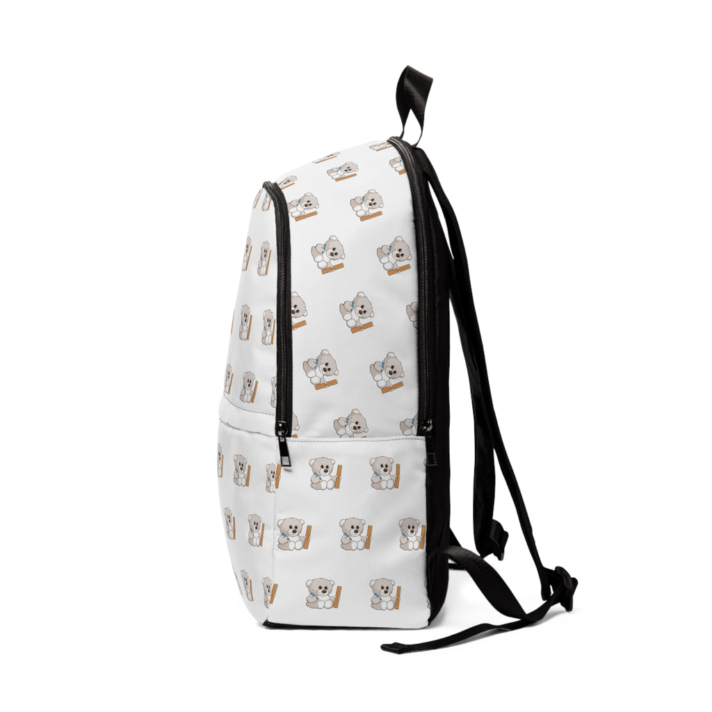 Other side-view of a backpack with a repeating pattern of a bear.
