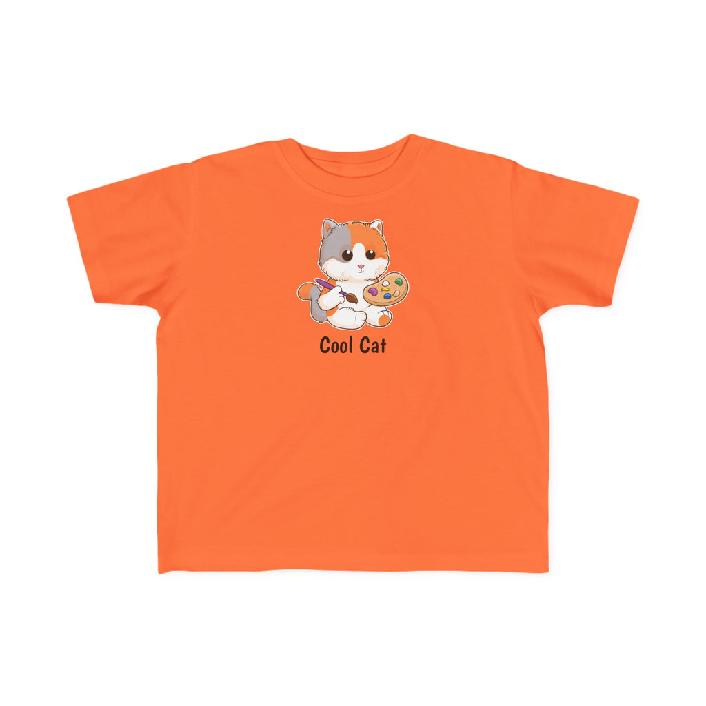 A short-sleeve orange shirt with a picture of a cat that says Cool Cat.