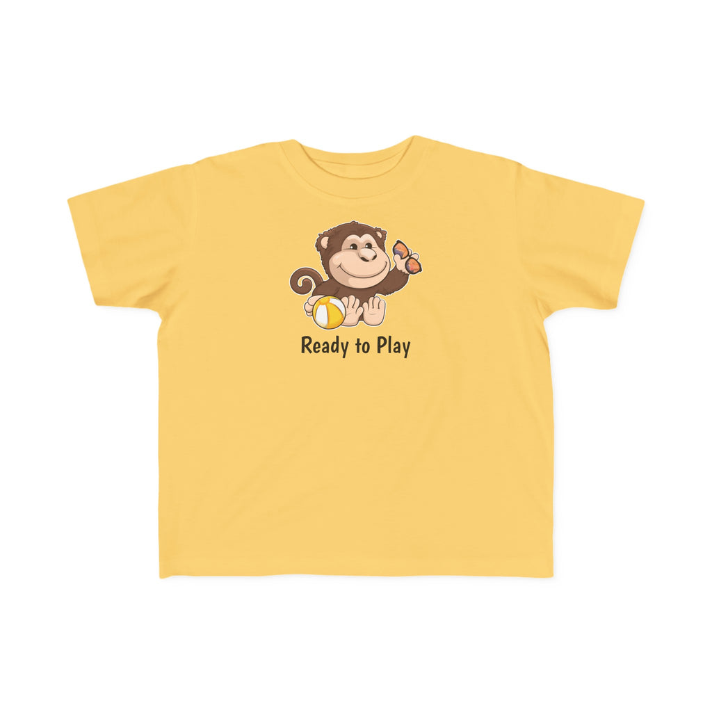 A short-sleeve yellow shirt with a picture of a monkey that says Ready to Play.