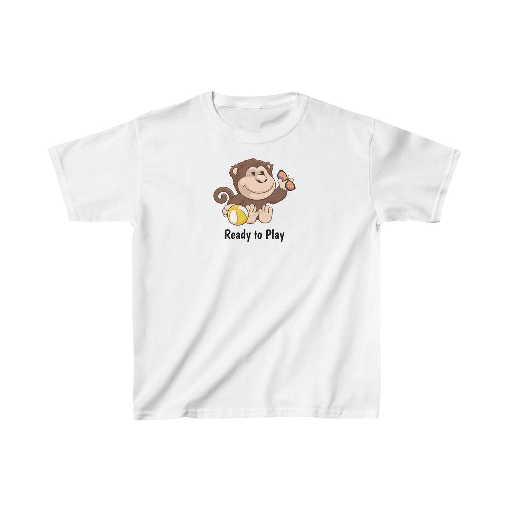 A short-sleeve white shirt with a picture of a monkey that says Ready to Play.