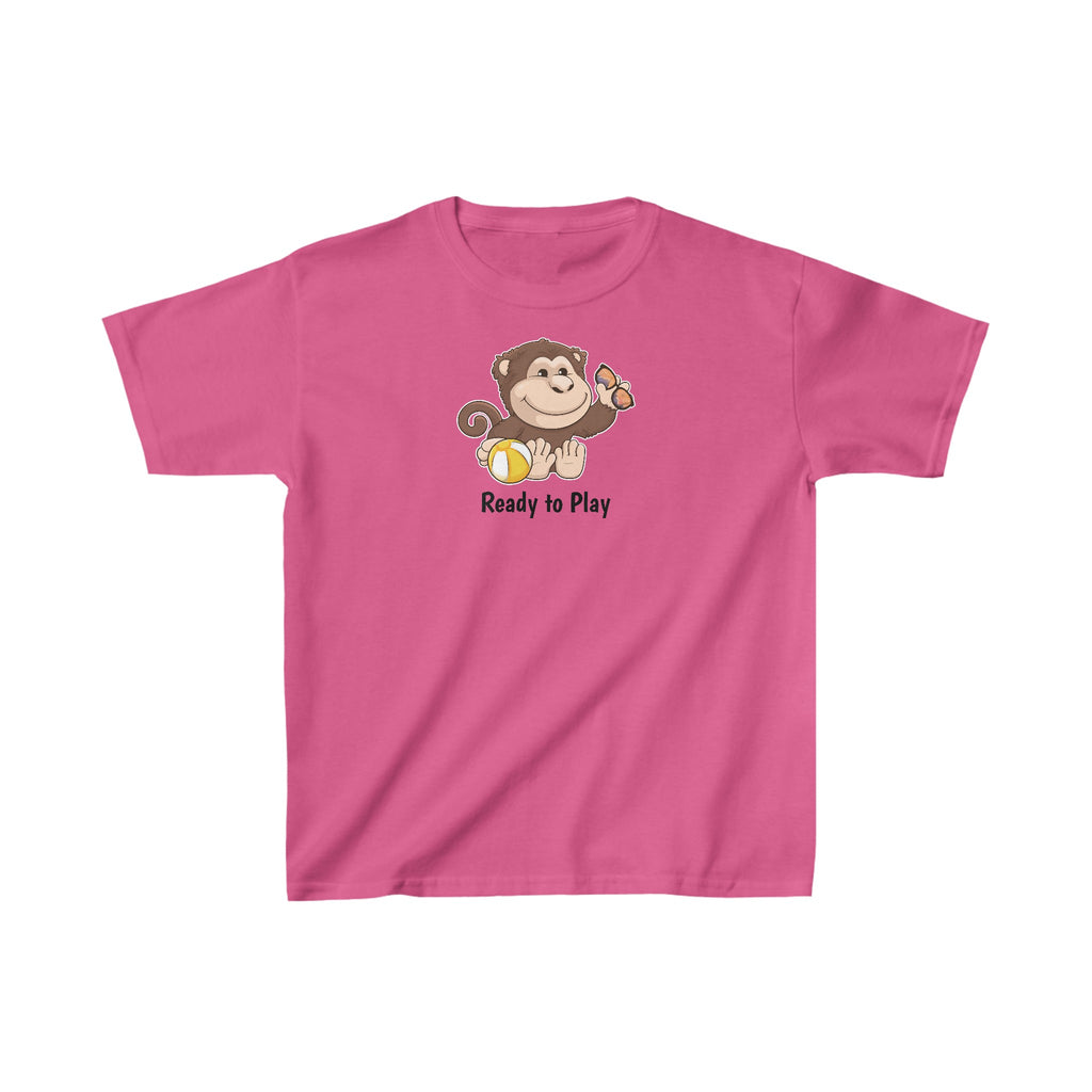 A short-sleeve pink shirt with a picture of a monkey that says Ready to Play.