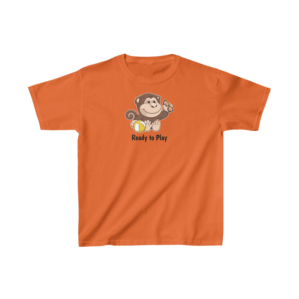 A short-sleeve orange shirt with a picture of a monkey that says Ready to Play.