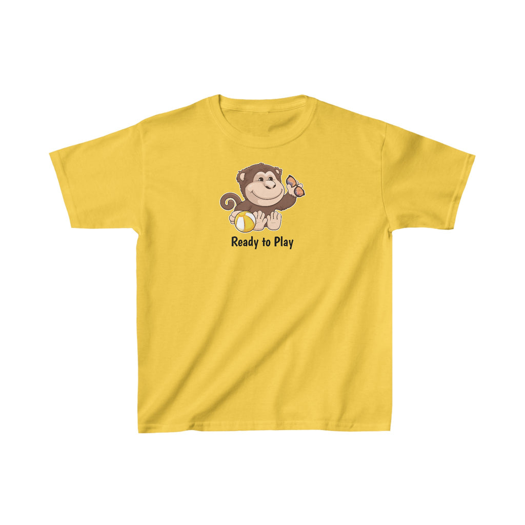 A short-sleeve yellow shirt with a picture of a monkey that says Ready to Play.