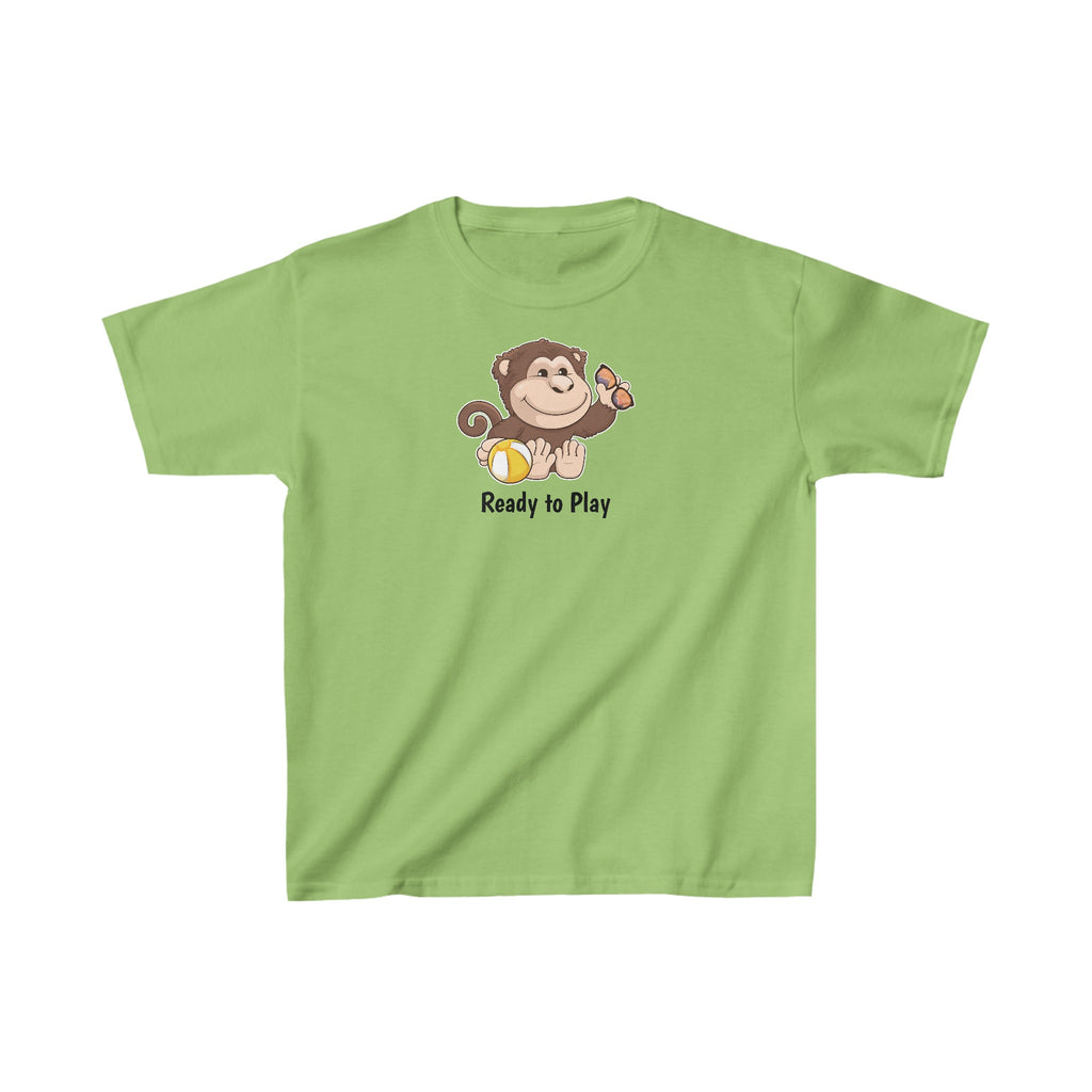 A short-sleeve lime green shirt with a picture of a monkey that says Ready to Play.