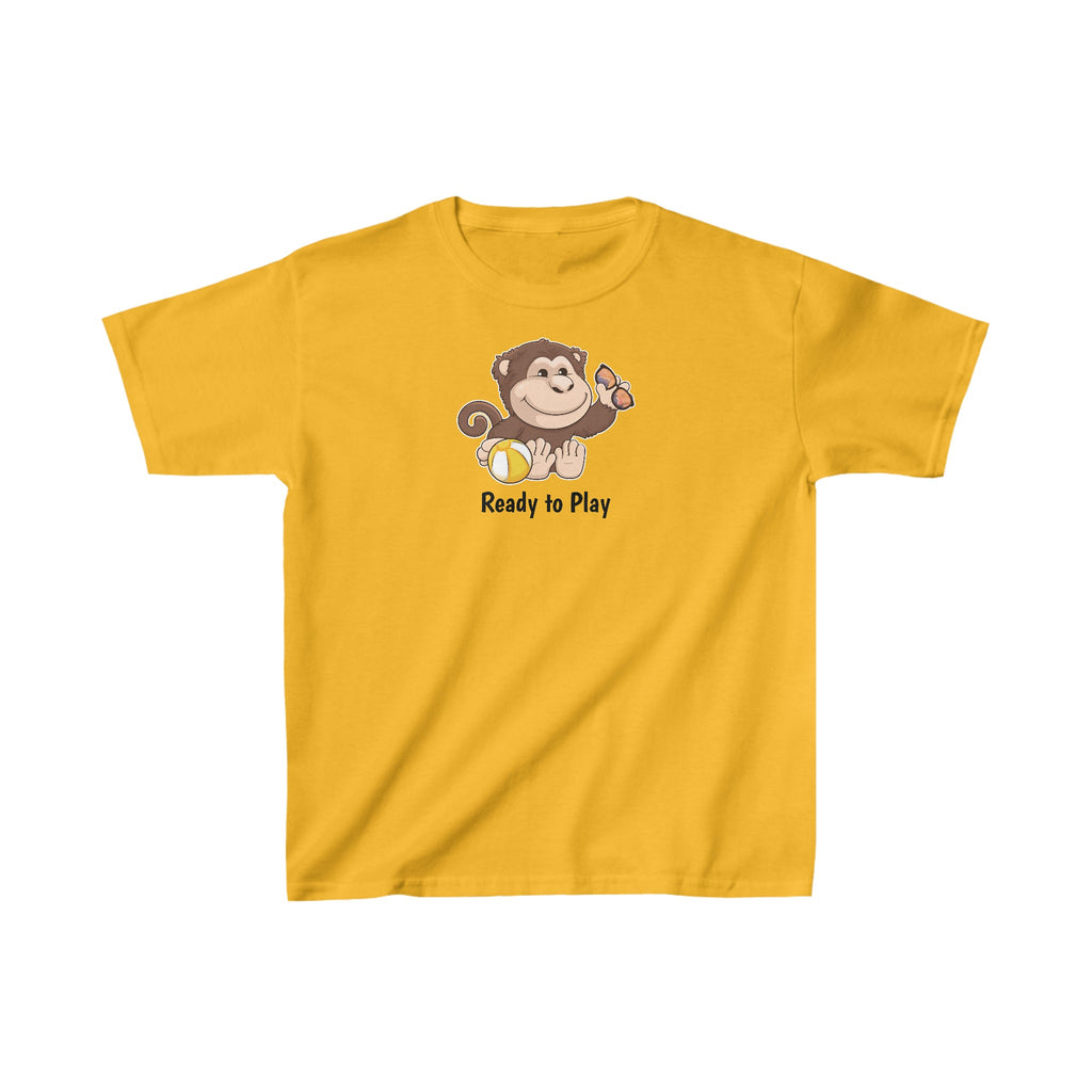 A short-sleeve golden yellow shirt with a picture of a monkey that says Ready to Play.