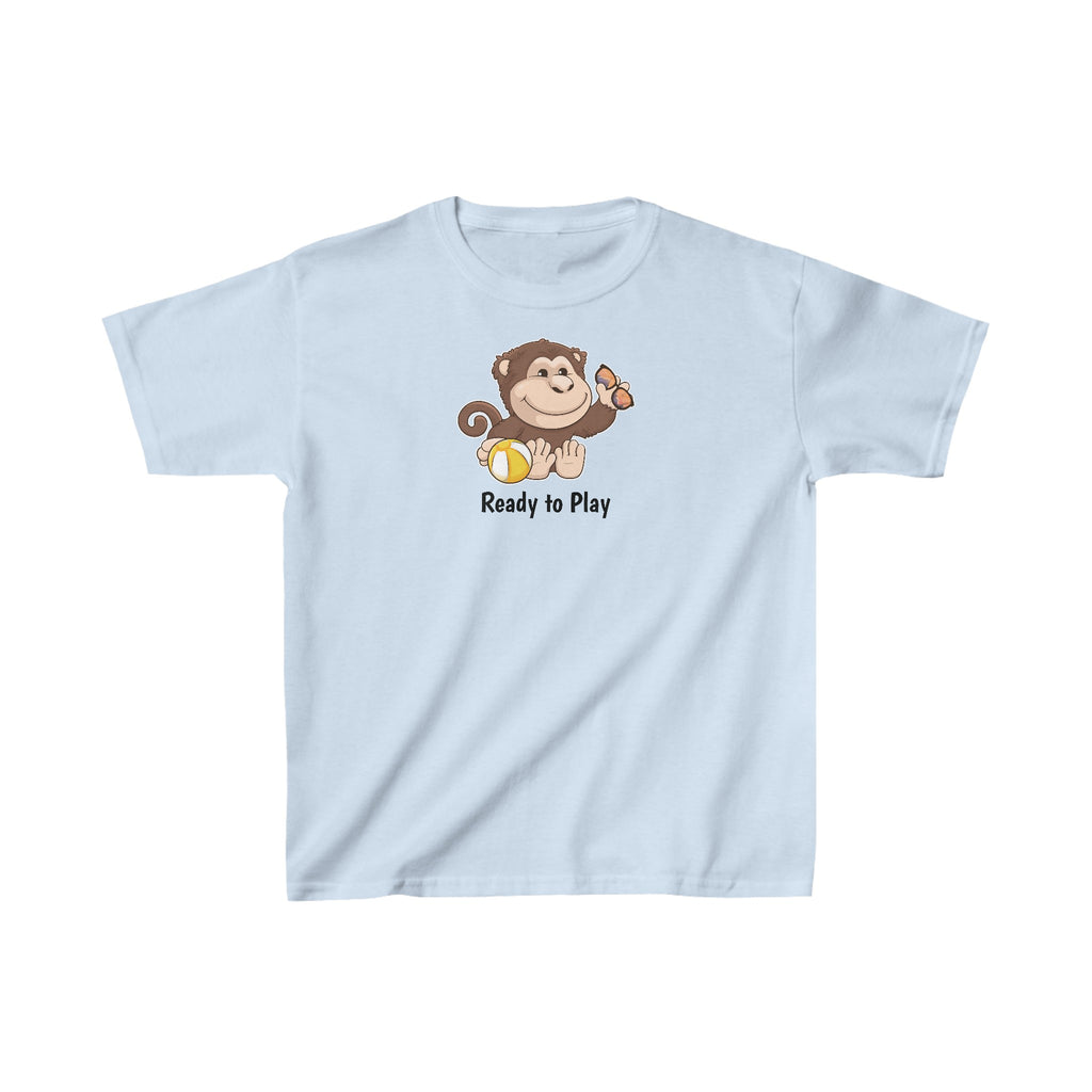 A short-sleeve light blue shirt with a picture of a monkey that says Ready to Play.