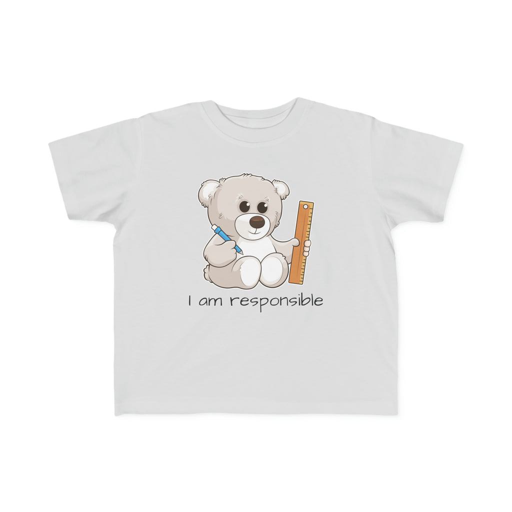 A short-sleeve grey shirt with a picture of a bear that says I am responsible.
