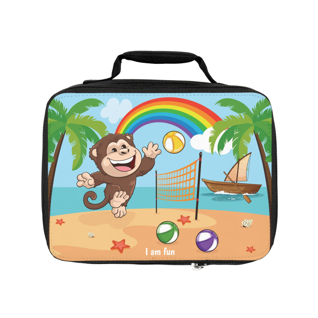 A rectangular lunch bag with a scene on the front of a monkey playing volleyball on the beach, a rainbow in the background, and the phrase "I am fun" along the bottom.