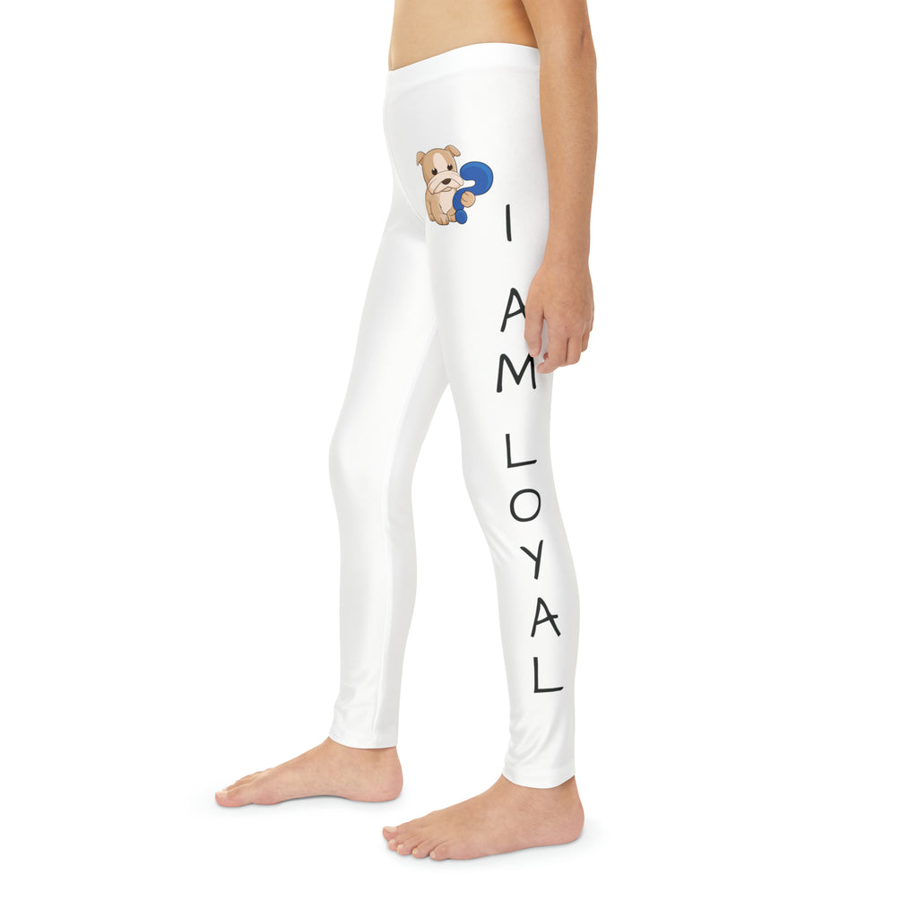 Left side-view of a child wearing white leggings with a picture of a dog on the front left waist and the phrase "I am loyal" read top to bottom on the side of each leg.