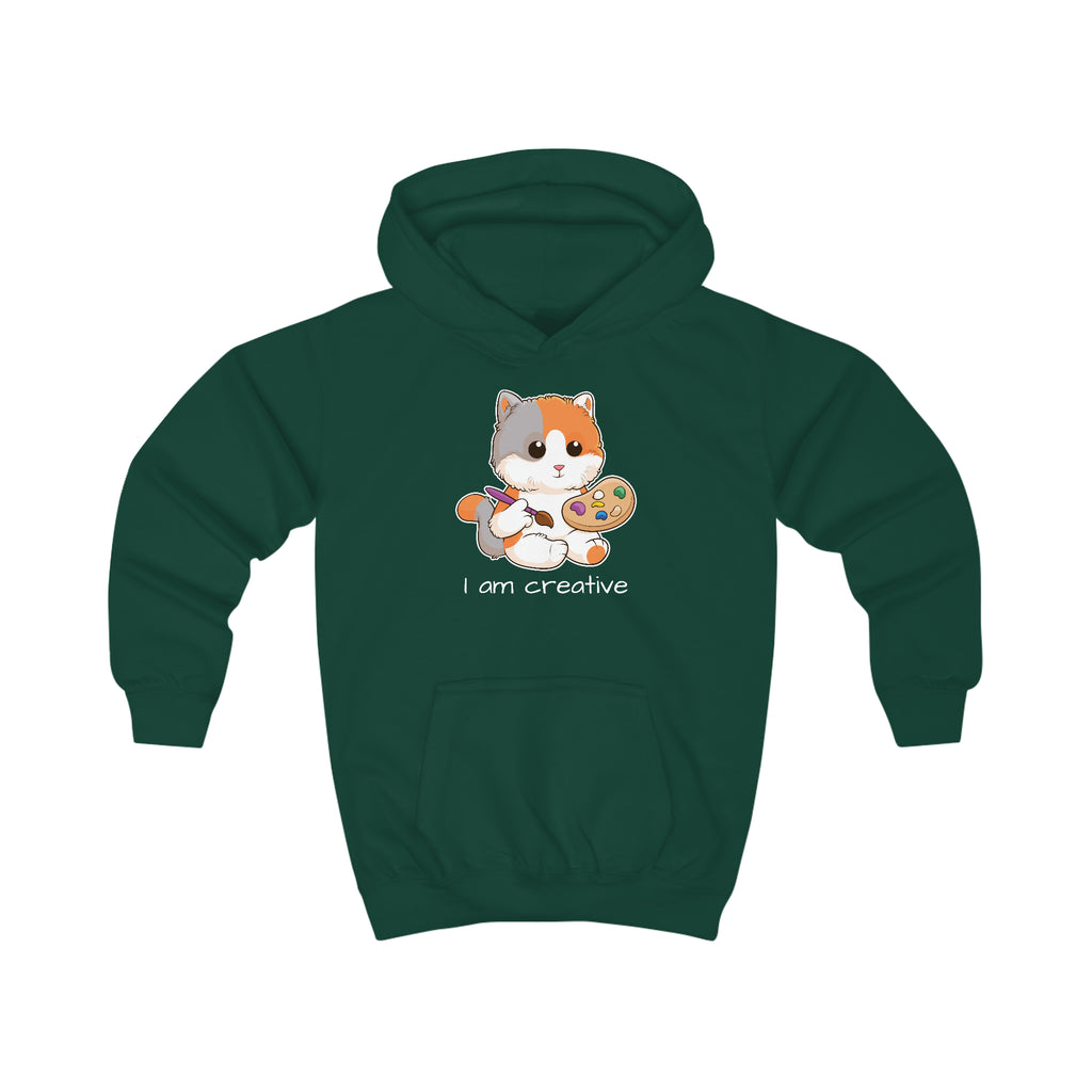 A dark green hoodie with a picture of a cat that says I am creative.