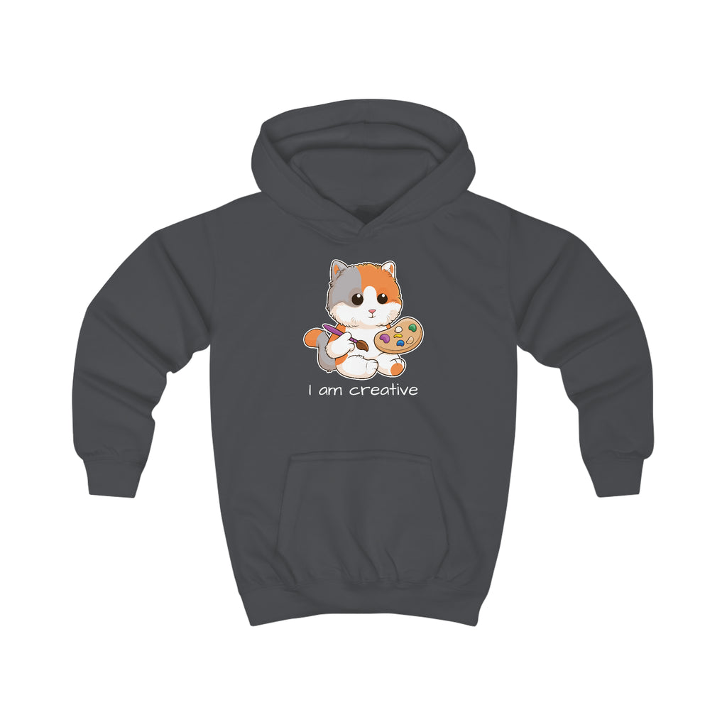 A charcoal grey hoodie with a picture of a cat that says I am creative.
