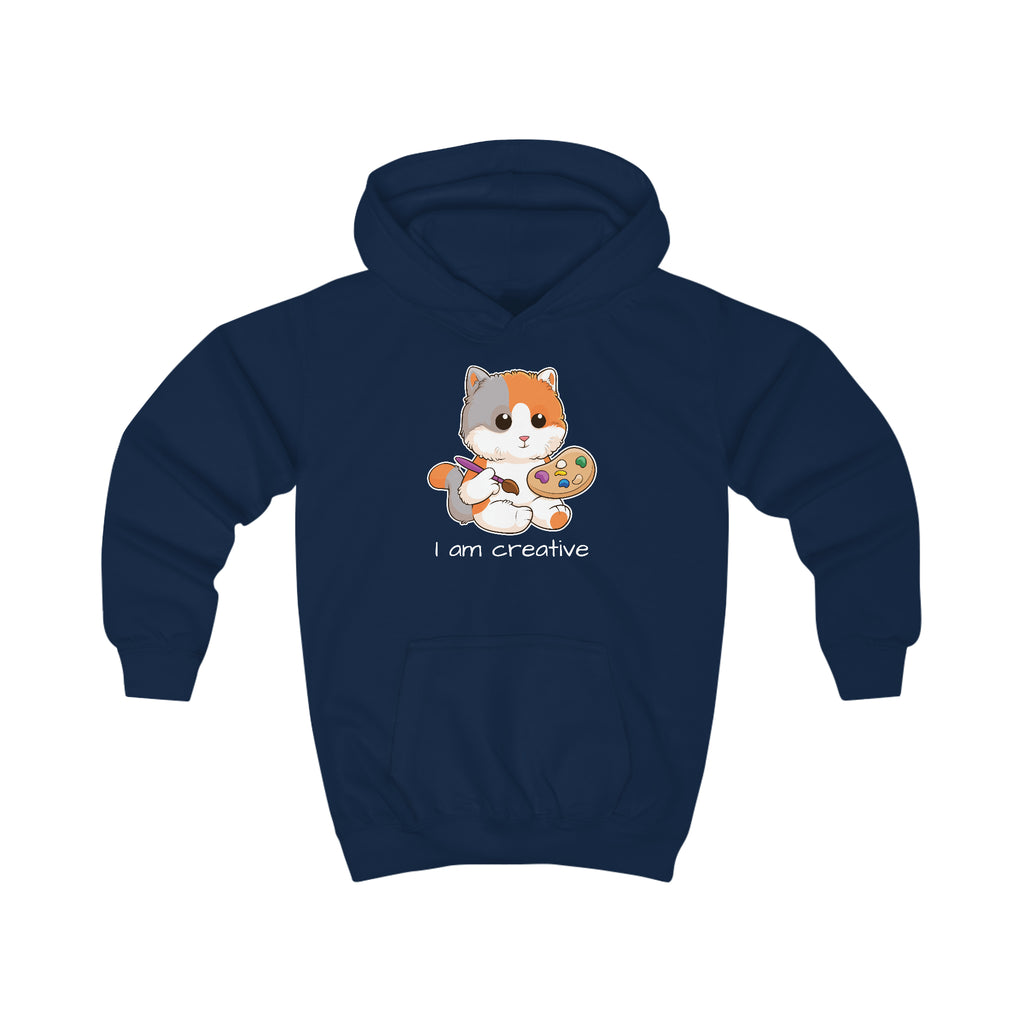 A navy blue hoodie with a picture of a cat that says I am creative.