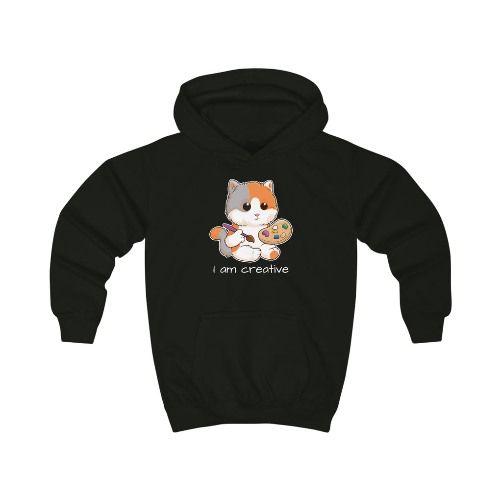 A black hoodie with a picture of a cat that says I am creative.