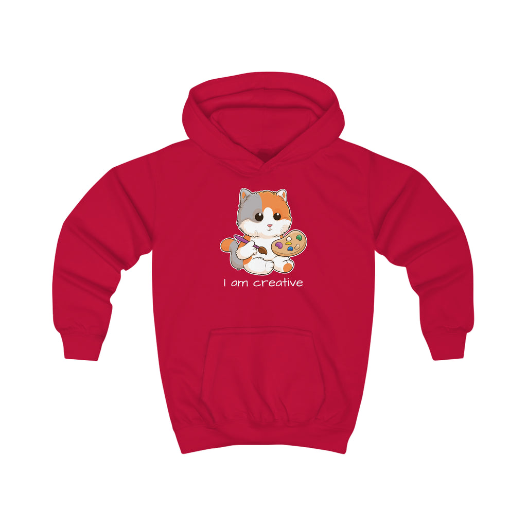 A red hoodie with a picture of a cat that says I am creative.