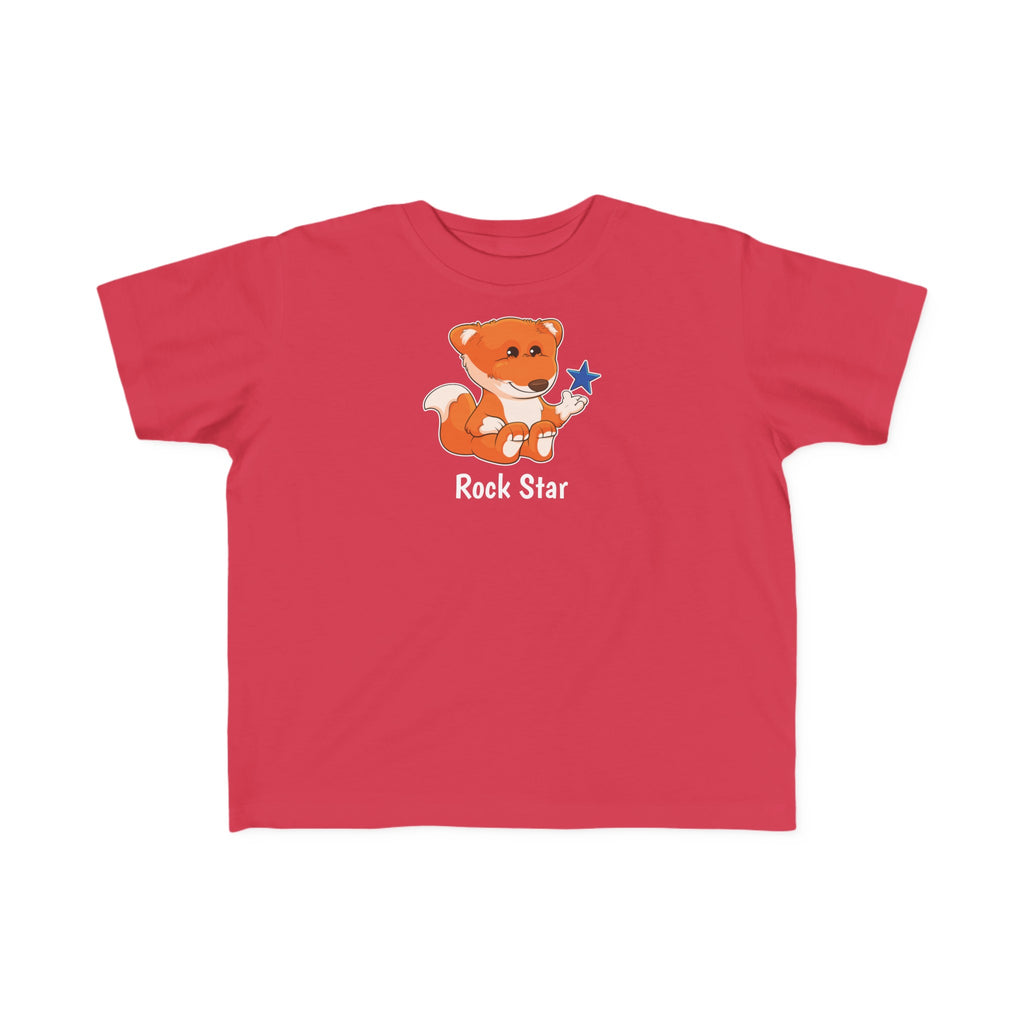 A short-sleeve red shirt with a picture of a fox that says Rock Star.