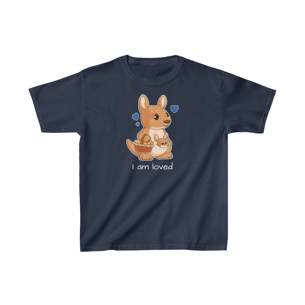A short-sleeve navy blue shirt with a picture of a kangaroo that says I am loved.