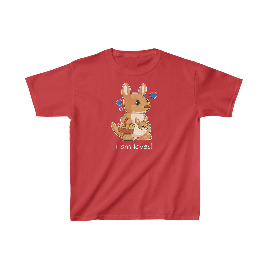 A short-sleeve red shirt with a picture of a kangaroo that says I am loved.