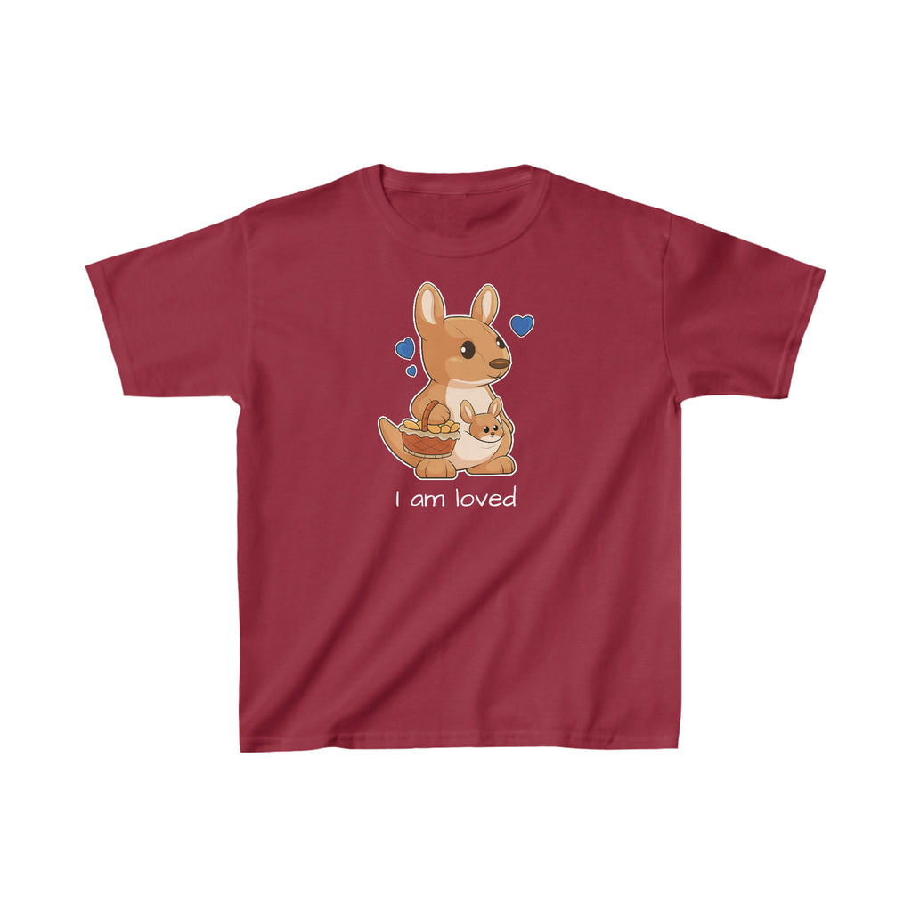 A short-sleeve maroon shirt with a picture of a kangaroo that says I am loved.