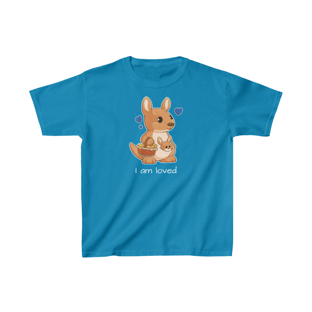 A short-sleeve sapphire blue shirt with a picture of a kangaroo that says I am loved.