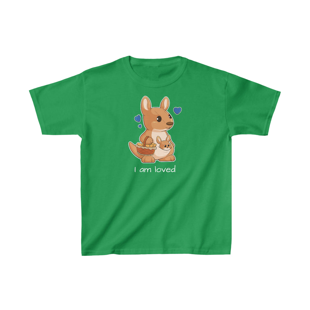 A short-sleeve green shirt with a picture of a kangaroo that says I am loved.