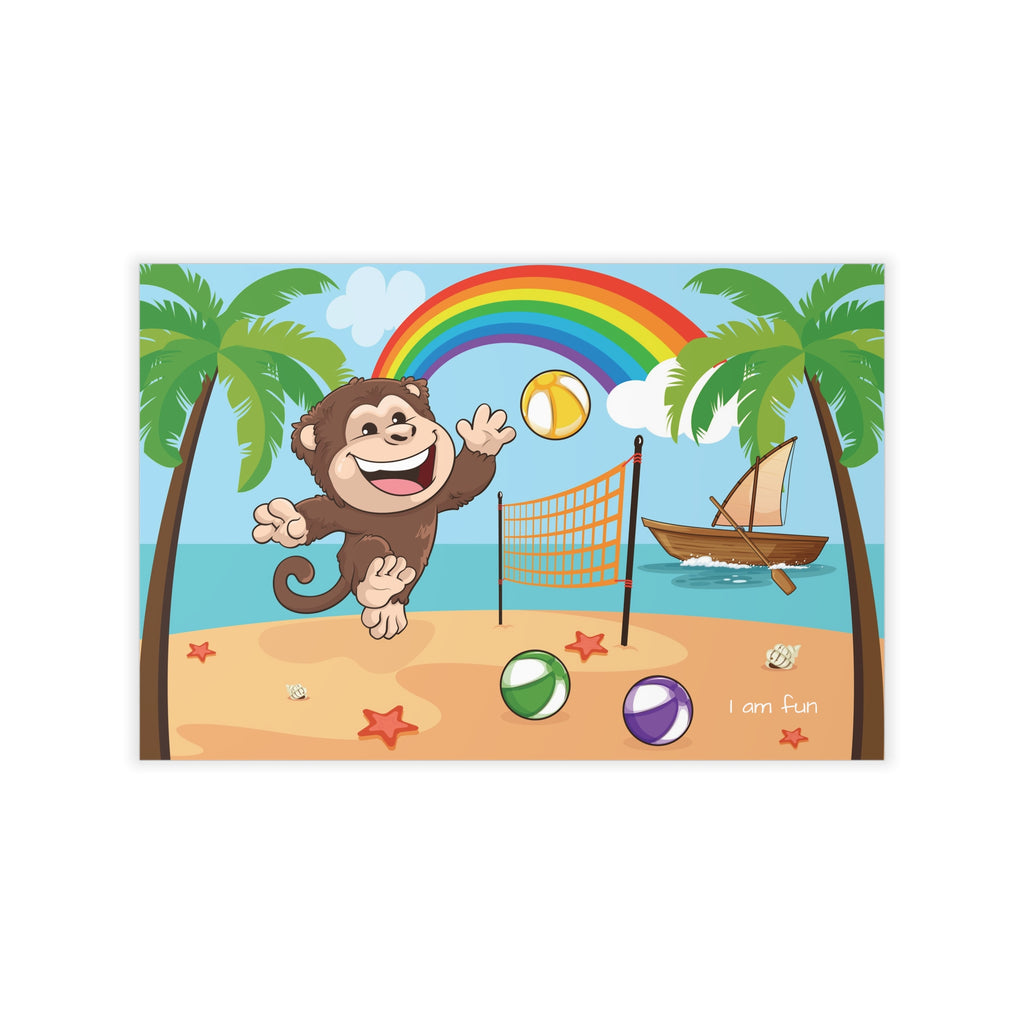 A wall decal that has a scene of a monkey playing volleyball on the beach, a rainbow in the background, and the phrase "I am fun" along the bottom.