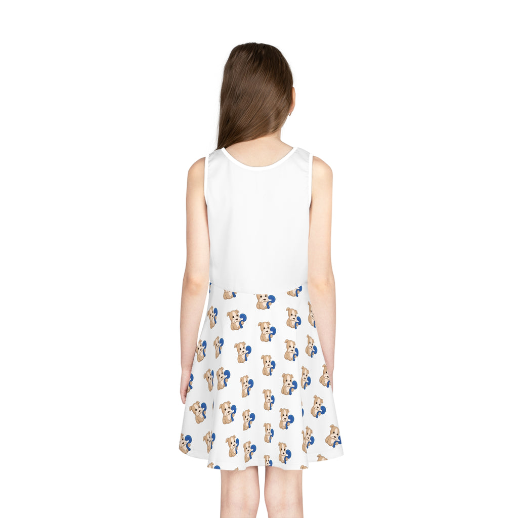 Back-view of a girl wearing a sleeveless white dress with a white top and a repeating pattern of a dog on the skirt.