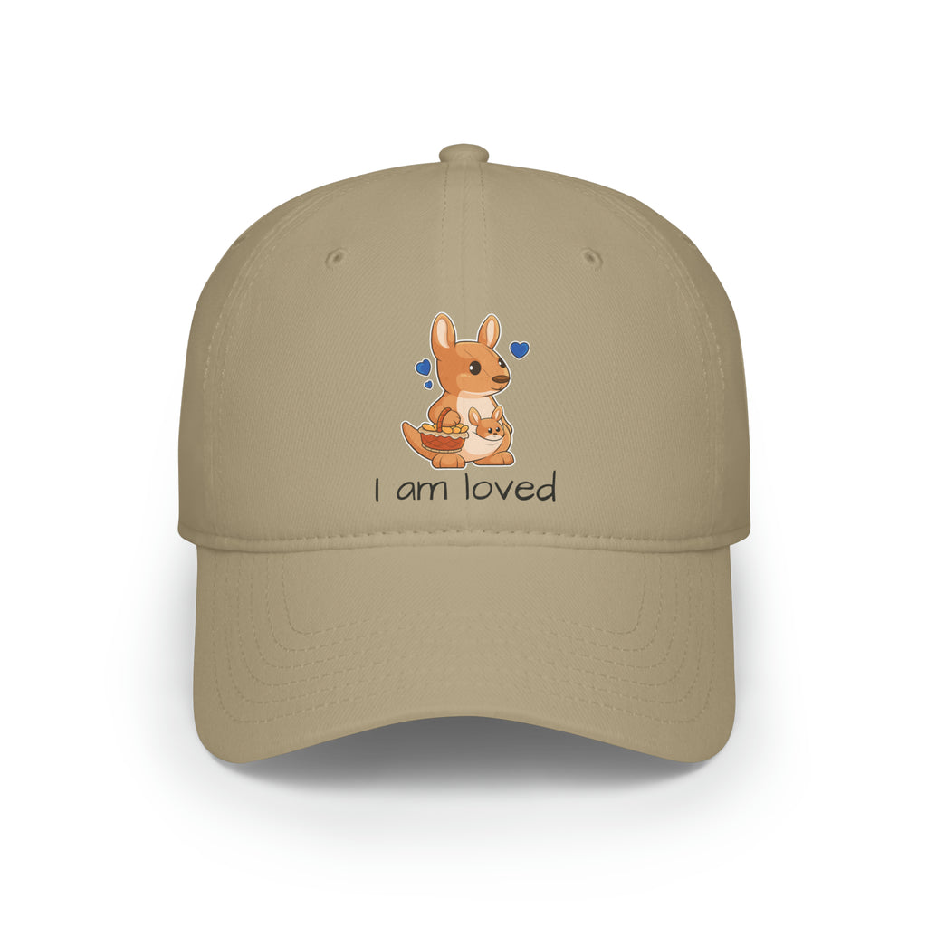 Front-view of a khaki baseball hat with a picture of a kangaroo that says I am loved.