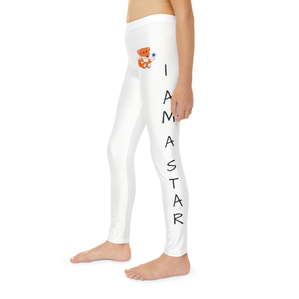 Left side-view of a child wearing white leggings with a picture of a fox on the front left waist and the phrase "I am a star" read top to bottom on the side of each leg.