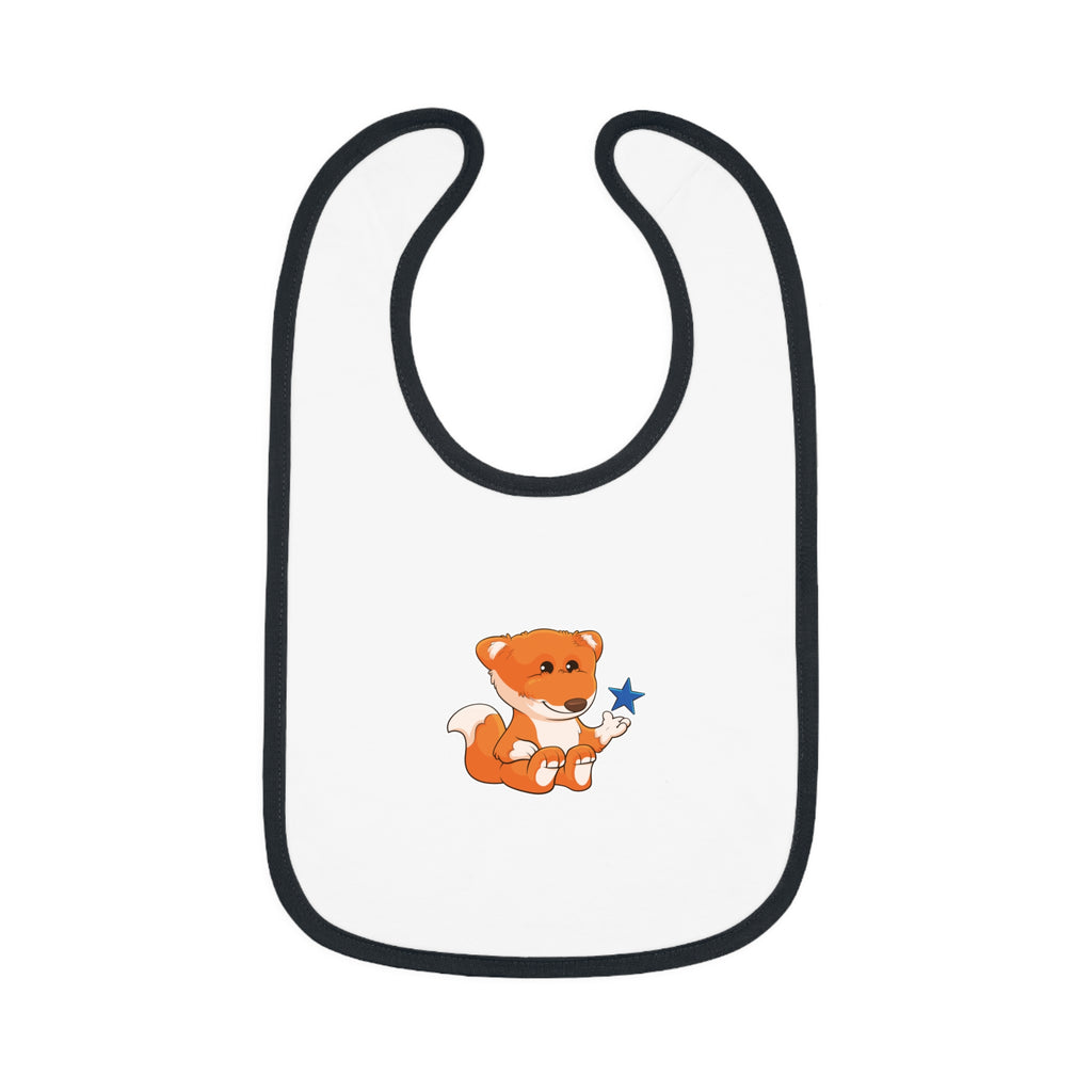 A white baby bib with black trim and a small picture of a fox.
