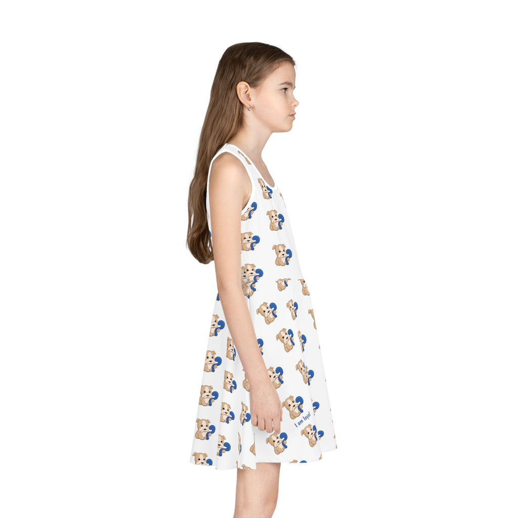 Right side-view of a girl wearing a sleeveless white dress with a repeating pattern of a dog.