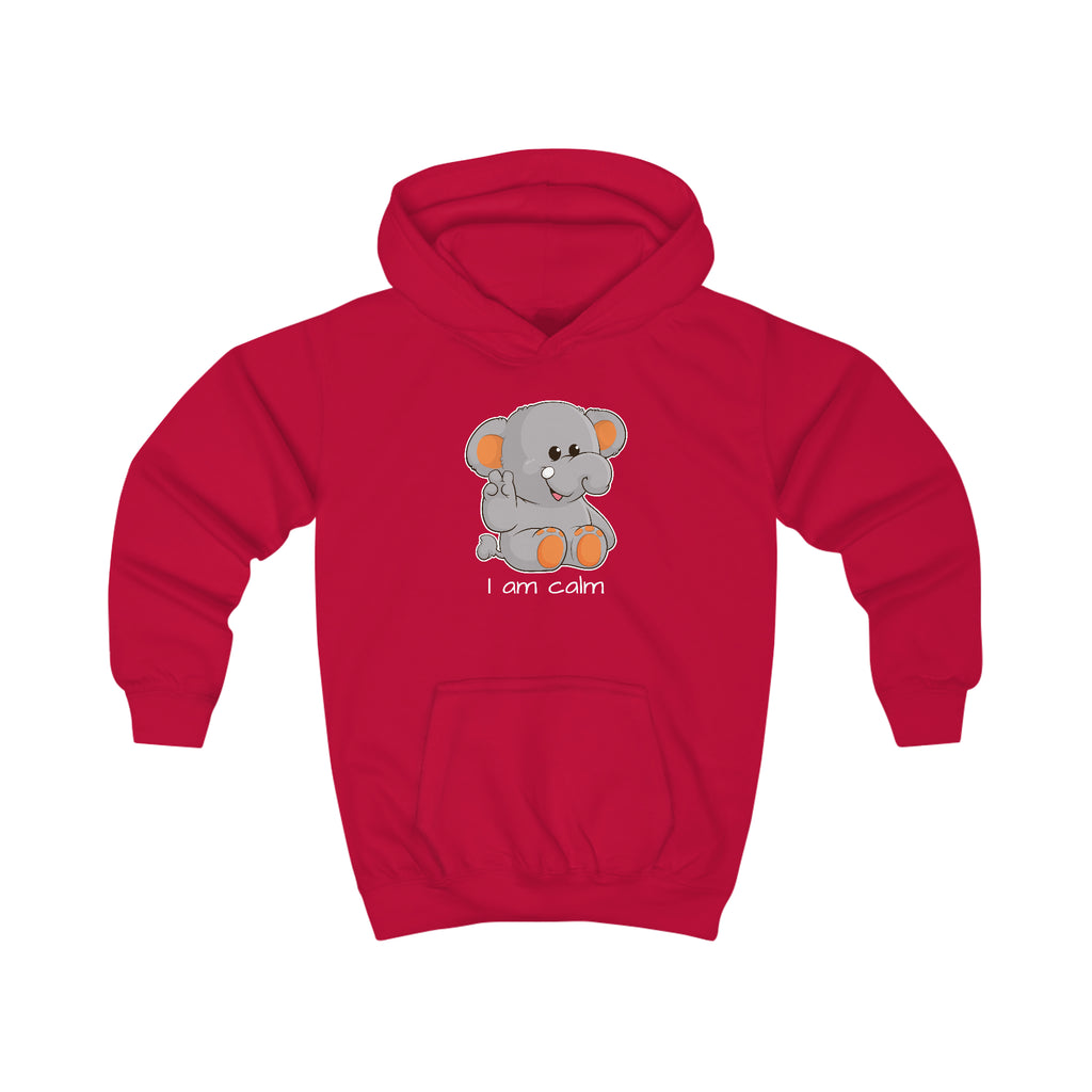 A red hoodie with a picture of an elephant that says I am calm.